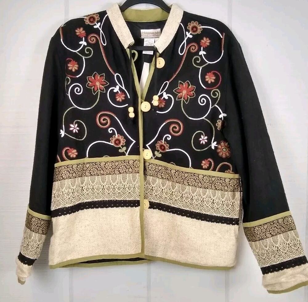 Coldwater Creek Womens Small Jacket Blazer Linen Cotton Embroidered Lace Crochet